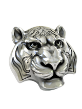 Side angle of the Regal Tiger Cufflinks in sterling silver, highlighting the three-dimensional form and detailed engraving.