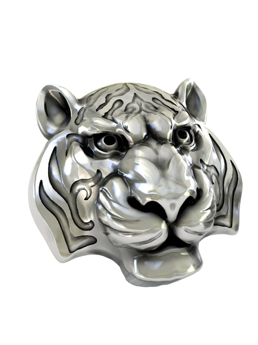 Side angle of the Regal Tiger Cufflinks in sterling silver, highlighting the three-dimensional form and detailed engraving.
