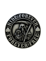 Side angle of the Ride Forever Cuffs in sterling silver, highlighting the dimensional relief of the Grim Reaper figure.