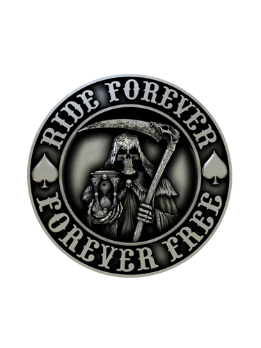 Side angle of the Ride Forever Cuffs in sterling silver, highlighting the dimensional relief of the Grim Reaper figure.
