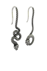 Side angle of the Serpent Drop Earrings, highlighting the three-dimensional form and oxidized finish of the silver scales.