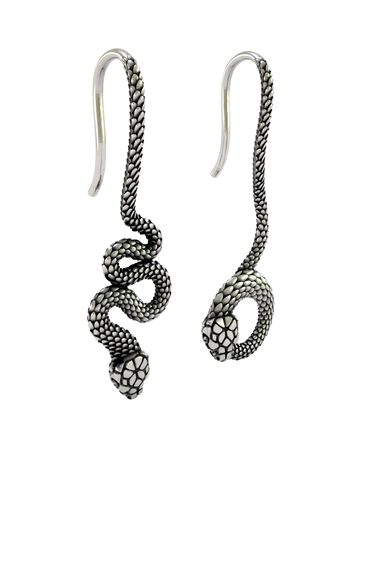 Side angle of the Serpent Drop Earrings, highlighting the three-dimensional form and oxidized finish of the silver scales.