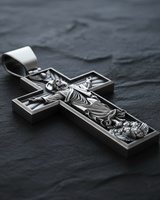 Side angle view of Ascension Cross Pendant sterling silver pendant showing dimensional depth and three-dimensional relief craftsmanship