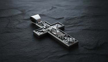 Side angle view of Ascension Cross Pendant sterling silver pendant showing dimensional depth and three-dimensional relief craftsmanship