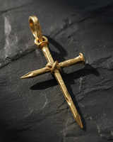 Side angle view of Nail Cross Pendant gold-tone sterling silver pendant showing dimensional rope binding detail