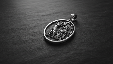 Side angle view of Saint Hubert Medal Pendant 925 silver pendant showing dimensional relief depth and sculptural details