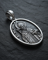 Side angle view of Saint Nicholas Medal Pendant 925 silver pendant highlighting three-dimensional episcopal details and halo