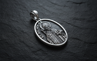 Side angle view of Saint Nicholas Medal Pendant 925 silver pendant highlighting three-dimensional episcopal details and halo