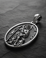 Side angle view of Saint Roch Medal Pendant 925 silver pendant showing dimensional relief depth and craftsmanship quality