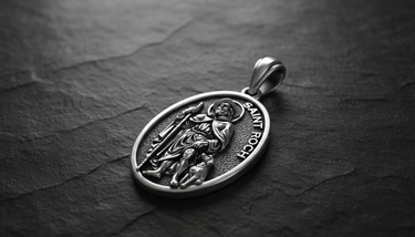 Side angle view of Saint Roch Medal Pendant 925 silver pendant showing dimensional relief depth and craftsmanship quality
