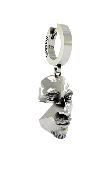 Side angle view of the Abstract Face Earring, highlighting the clean, diagonal split and three-dimensional form of the charm.
