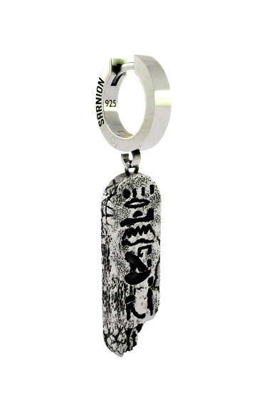 Side angle view of the Ancient Script Earring, highlighting the three-dimensional texture and depth of the charm.