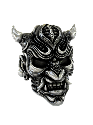 Side angle view of the Japanese Demon Cuffs in sterling silver, highlighting the three-dimensional sculpting and prominent horns.