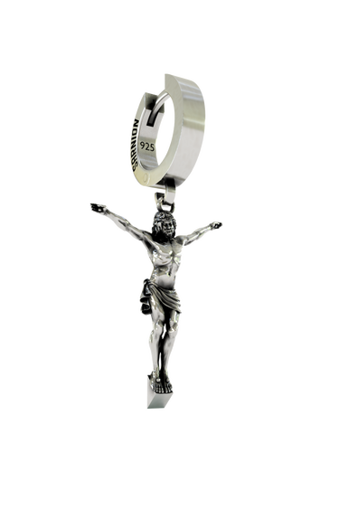 Side angle view of the Jesus Cross Earring, highlighting the three-dimensional form of the corpus and cross.