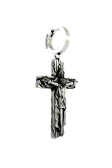 Side angle view of the Jesus Cross Earring showing the dimensional depth of the sterling silver craftsmanship