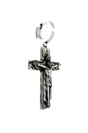 Side angle view of the Jesus Cross Earring showing the dimensional depth of the sterling silver craftsmanship