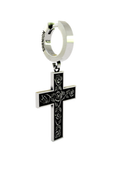 Side angle view of the Rose Cross Earring, highlighting the dimensional contrast between the polished frame and engraved face.