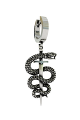 Side angle view of the Serpent Sword Earring, highlighting the three-dimensional wrapping of the snake around the blade.