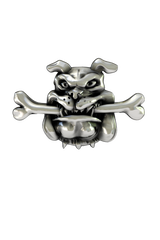 Side angle view of the Silver Bulldog with Bone Lapel Pin, showcasing the 3D details of the dog and bone.