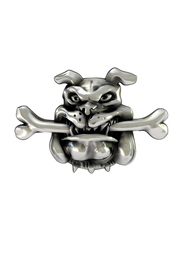Side angle view of the Silver Bulldog with Bone Lapel Pin, showcasing the 3D details of the dog and bone.