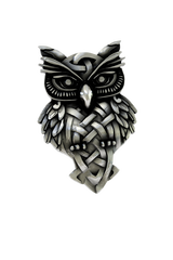 Side angle view of the Silver Celtic Owl Lapel Pin, showcasing the 3D depth of the Celtic knots.