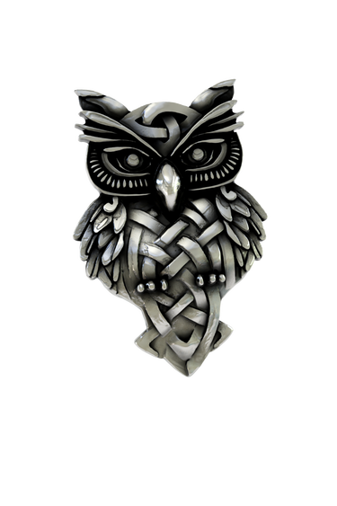 Side angle view of the Silver Celtic Owl Lapel Pin, showcasing the 3D depth of the Celtic knots.