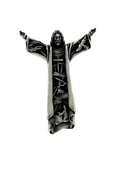 Side angle view of the Silver Christ the Redeemer Lapel Pin, highlighting the 3D depth of the intricate sculpture.

