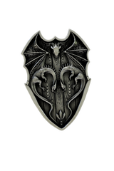 Side angle view of the Silver Dragon Shield Lapel Pin, highlighting the 3D depth of the dragons and skull.

