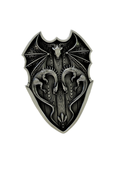 Side angle view of the Silver Dragon Shield Lapel Pin, highlighting the 3D depth of the dragons and skull.

