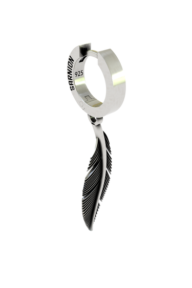 Side angle view of the Silver Feather Earring, highlighting the gentle curve and three-dimensional detail of the charm.