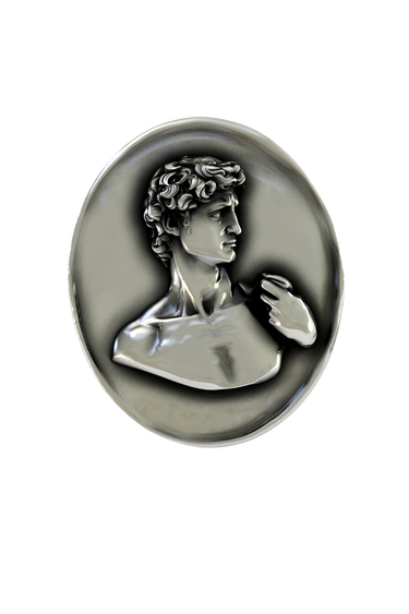 Side angle view of the Silver Michelangelo's David Pin, highlighting the classical sculptural details.


