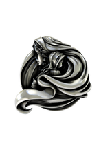 Side angle view of the Silver Mother and Child Lapel Pin, highlighting the flowing, protective drapery.

