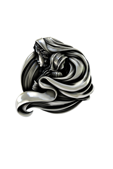 Side angle view of the Silver Mother and Child Lapel Pin, highlighting the flowing, protective drapery.

