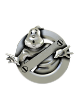 Side angle view of the Silver No-Ghost sterling silver cufflinks, highlighting the three-dimensional character relief.