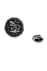 Side angle view of the Silver Shark Lapel Pin, highlighting the detailed open jaws and teeth.