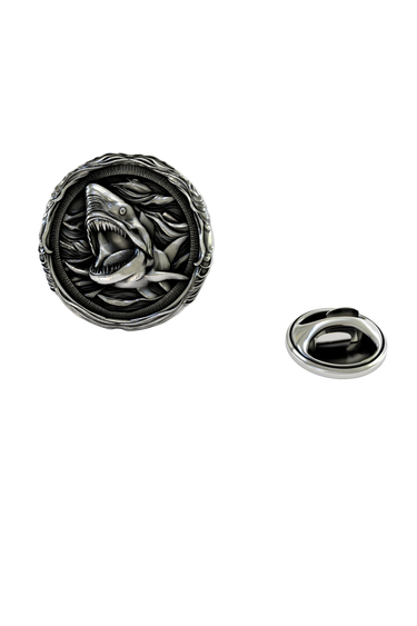 Side angle view of the Silver Shark Lapel Pin, highlighting the detailed open jaws and teeth.