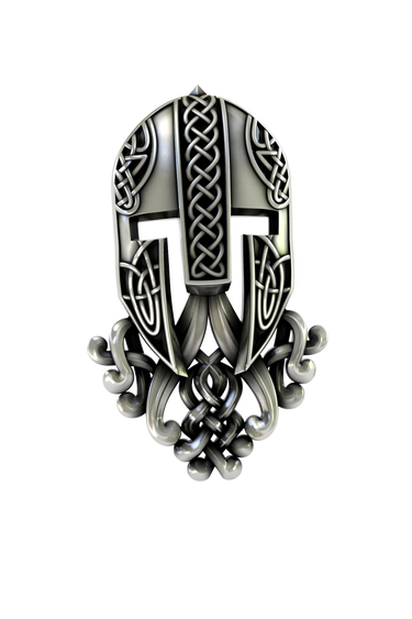 Side angle view of the Silver Warrior Helmet Lapel Pin, showcasing the 3D depth of the knotwork.


