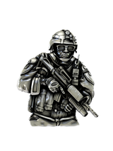 Side angle view of the Soldier Cufflinks in sterling silver, highlighting the dimensional depth and expert sculpting.