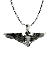 Side angle view of the Sterling Silver Aviator Wings Pendant highlighting the layered wings and central shield
