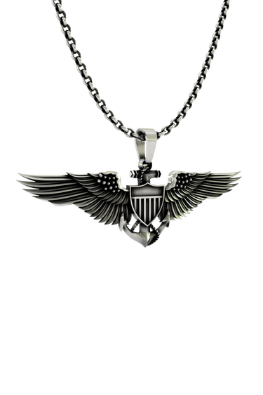 Side angle view of the Sterling Silver Aviator Wings Pendant highlighting the layered wings and central shield
