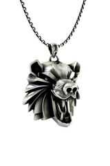 Side angle view of the Sterling Silver Bear School Pendant, highlighting the sharp, layered plates of the mane