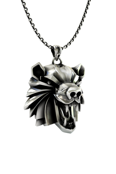 Side angle view of the Sterling Silver Bear School Pendant, highlighting the sharp, layered plates of the mane