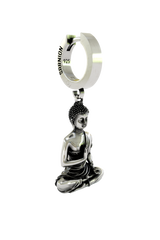 Side angle view of the Sterling Silver Buddha Meditation Earring highlighting the symbolic mudra hand gesture