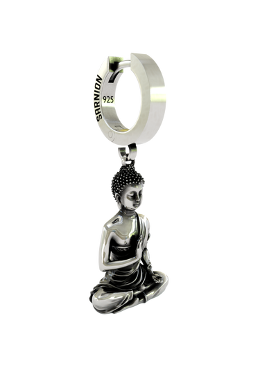 Side angle view of the Sterling Silver Buddha Meditation Earring highlighting the symbolic mudra hand gesture