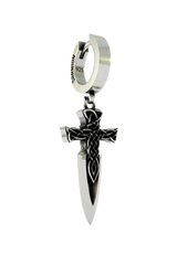 Side angle view of the Sterling Silver Celtic Sword Earring highlighting the contrast between the polished blade and oxidized hilt