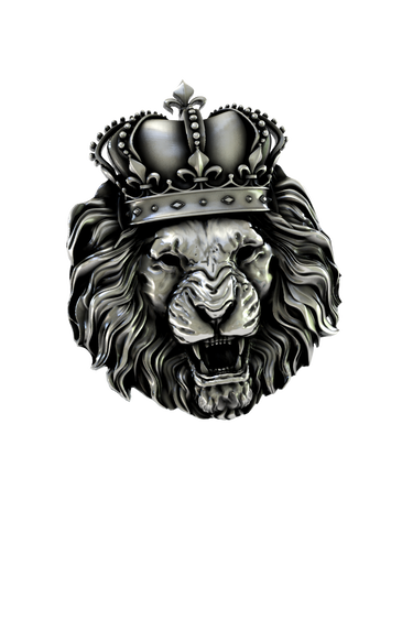 Side angle view of the Sterling Silver Crowned Lion King Pin, highlighting the 3D details of the mane and crown.