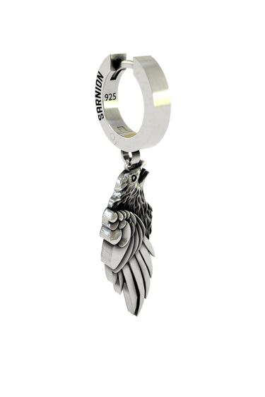 Side angle view of the Sterling Silver Eagle Wing Earring highlighting the fierce expression and open beak of the eagle