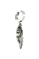 Side angle view of the Sterling Silver Eagle Wing Earring highlighting the fierce expression and open beak of the eagle