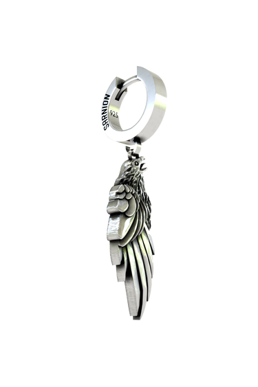 Side angle view of the Sterling Silver Eagle Wing Earring highlighting the fierce expression and open beak of the eagle