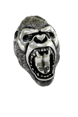 Side angle view of the Sterling Silver Gorilla Lapel Pin, highlighting the ferocious open mouth and detailed fangs.